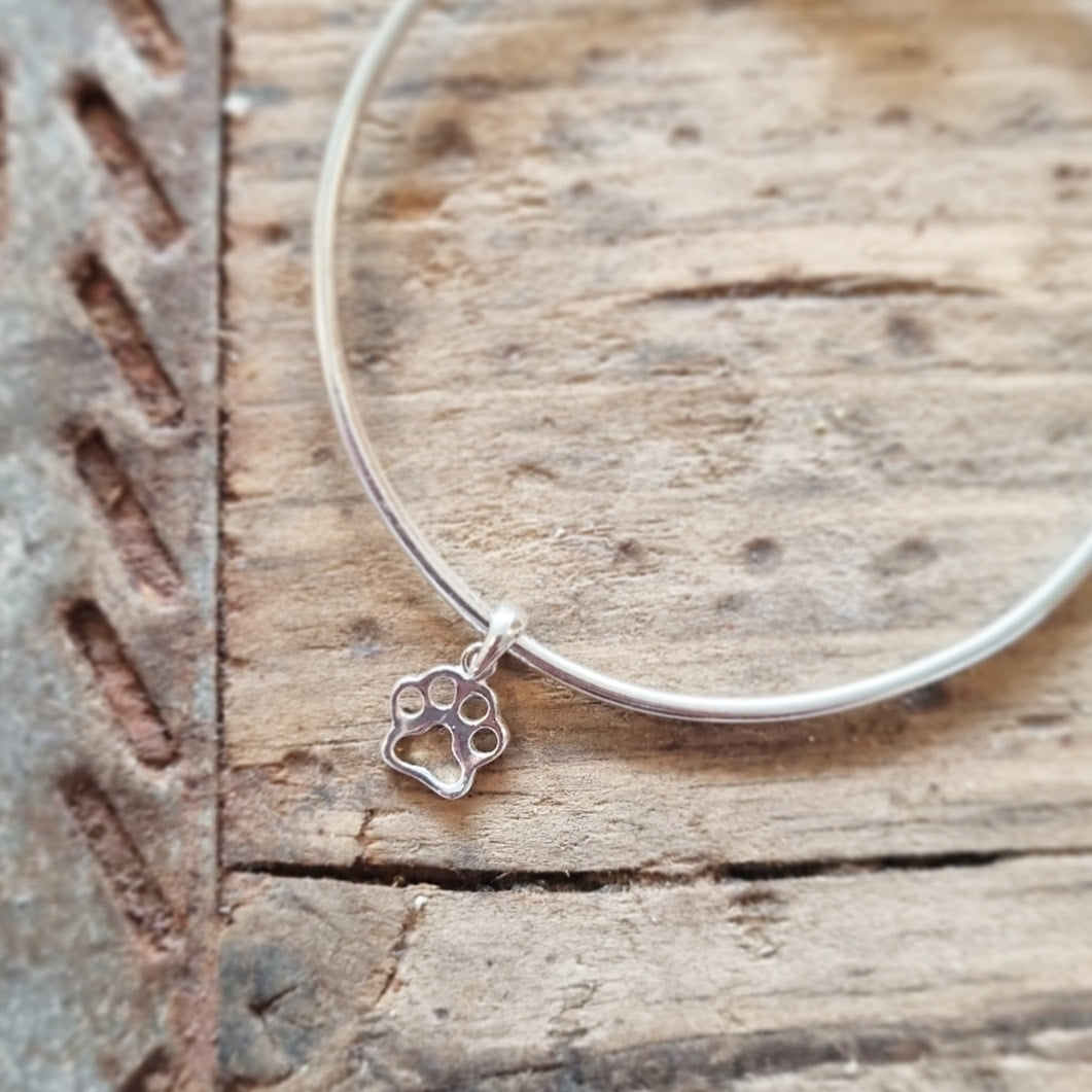 Silver Bangle with Paw Print Charm